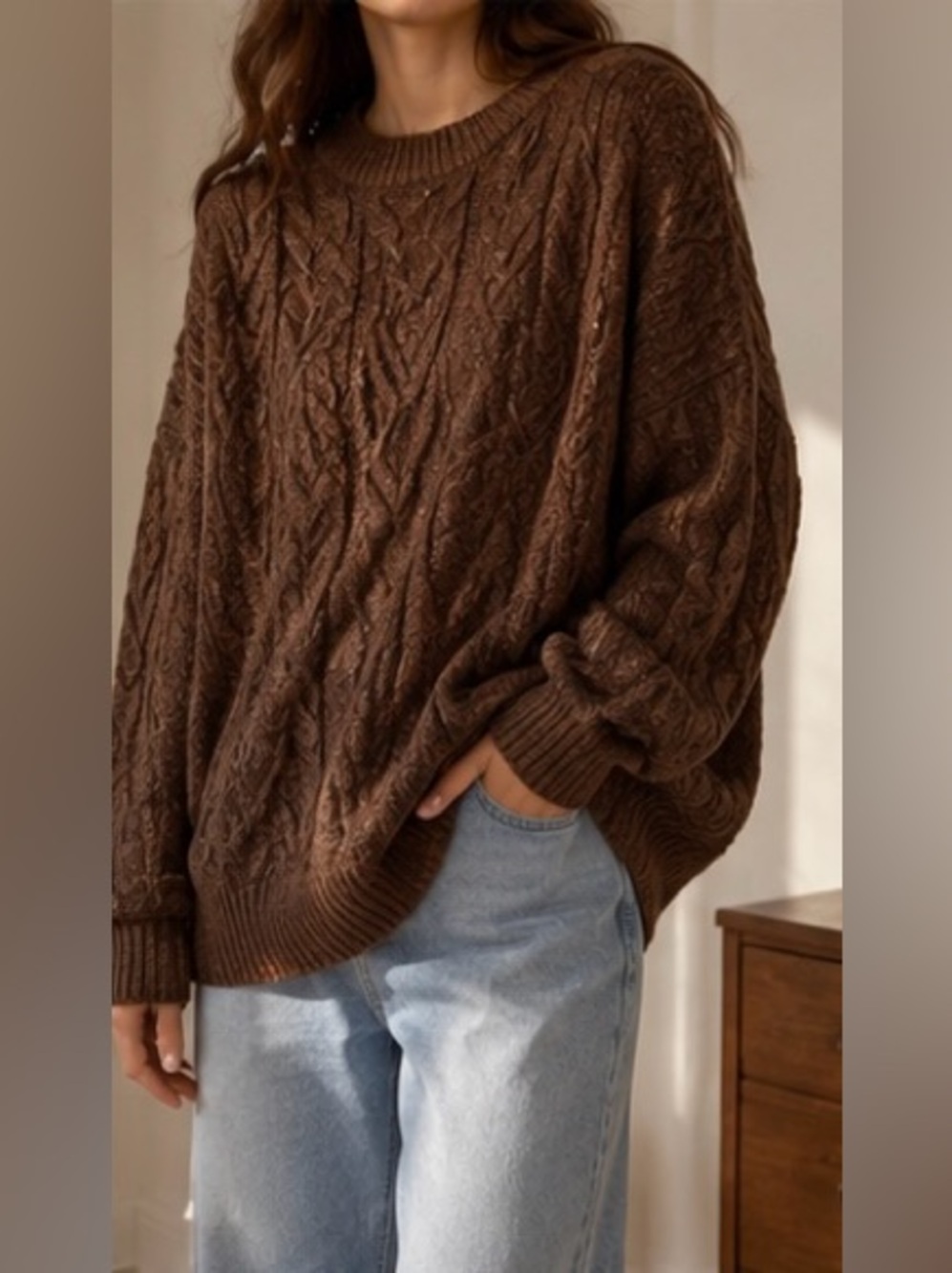Men's Brown Cable Knit Crewneck Sweater